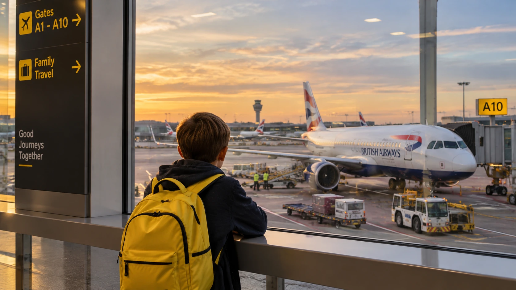 A child with a yellow backpack looking at an aircraft through an airport window.