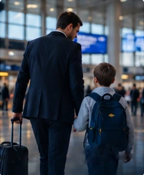 An adult and child walking through an airport terminal. Illustration of accompanied travel.