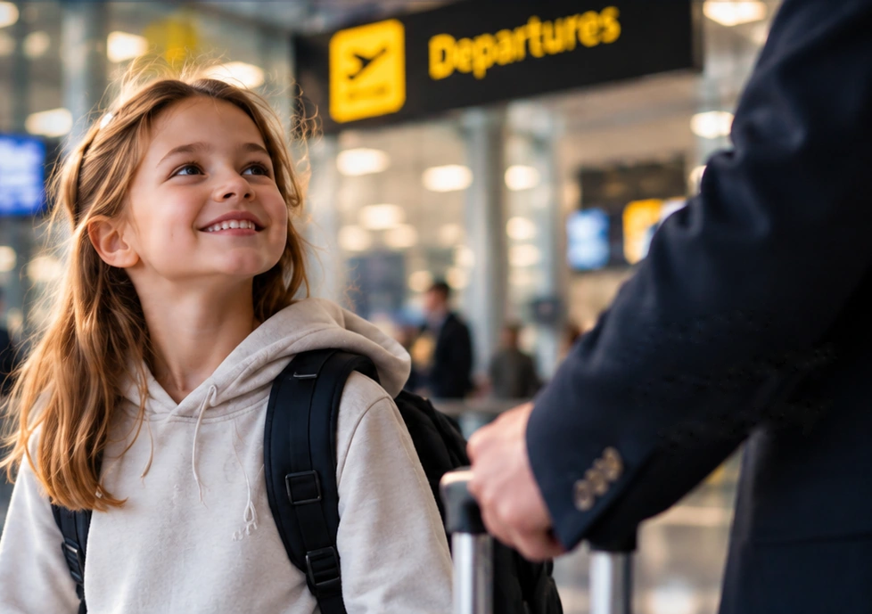 A girl beside an adult at an airport. Illustration of airport assistance for children.